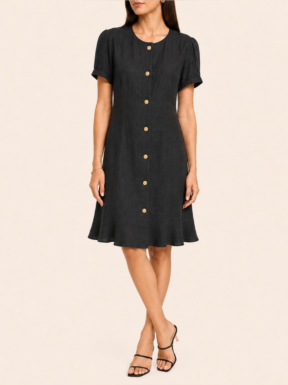 Neiman Marcus Dark Academia 100% Linen 80s Vintage Button Midi Dress in Black